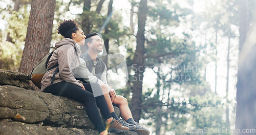 Image of Nature, hiking and a couple relax on adventure trail in forest and sitting on a rock. Health, happy man and woman pointing at natural landscape while relaxing in woods with trees, fitness and freedom