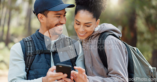 Image of Couple, hiking and selfie, outdoor and travel, black woman and man together out in nature with technology and backpacking in woods. Hiker on adventure, relationship and photo with smartphone.