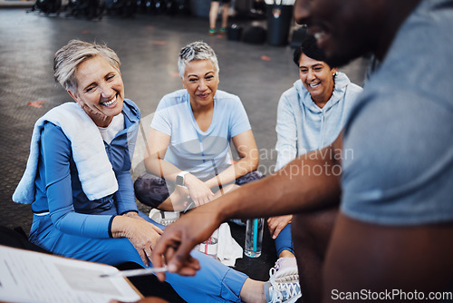 Image of Senior women, fitness and personal trainer contract with elderly friends ready for wellness. Sports, gym and workout group with happiness and smile in a sport training gym for pilates or yoga