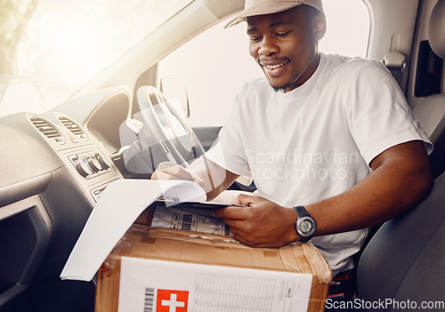 Image of Delivery, box and courier man in a car with checklist for ecommerce, orders and package, happy and smile. Logistics, cargo and guy driver with clipboard for parcel, online shopping and transportation