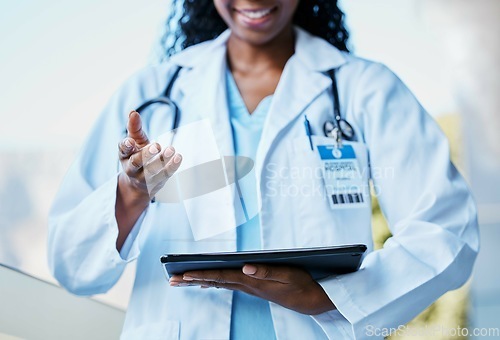 Image of Black woman, doctor hands and tablet of a healthcare worker talking about medical results. Digital, online and web health data of a nurse and hospital employee outdoor speaking about life insurance