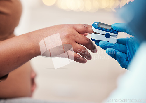 Image of Pregnant woman, hands and diabetes test with nurse in home to check blood sugar levels. Diabetic healthcare, pregnancy and hand of female with glucometer machine to measure glucose for prenatal care.