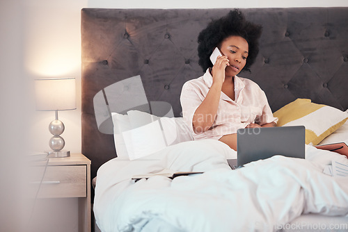 Image of Phone call, pregnancy and black woman with laptop, talking or chatting in bedroom. Computer, remote worker and pregnant female with mobile smartphone for networking, conversation or discussion in bed