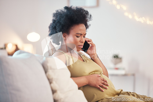 Image of Phone call, pregnant woman and stress for healthcare problem, worry or anxiety with stomach pain or emergency. Pregnancy, abdomen wellness and mother with smartphone for home telehealth services