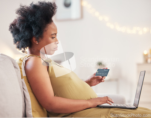 Image of Pregnant woman, credit card and laptop for online shopping, ecommerce or financial payment for customer experience. Pregnancy, mother and computer on sofa for fintech, digital application and banking