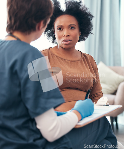 Image of Healthcare, nurse and pregnant woman during a consultation, planning support and medical paperwork. Strategy, insurance and African patient talking to a doctor about health update during pregnancy