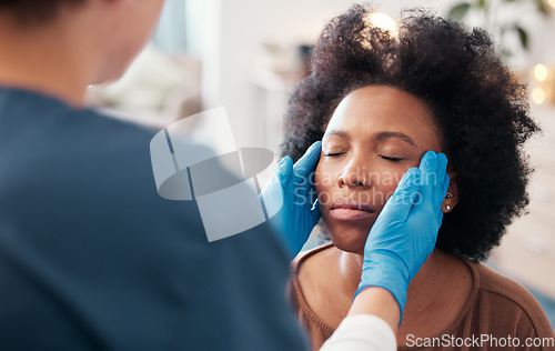 Image of Healthcare, facial consultation and doctor with patient consulting for plastic surgery. Medical, cosmetology and black woman with a surgeon for a cosmetic treatment in a hospital or medicare clinic.