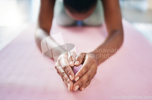 Image of Yoga, stretching and woman hands on floor for fitness, zen and pilates training in home or living room background. Meditation, healing and calm person with peace, wellness exercise and mindfulness