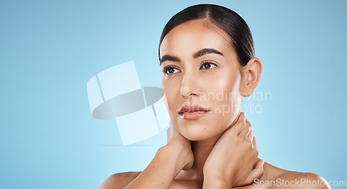 Image of Beauty woman isolated on studio background for skincare, cosmetics or makeup with mockup space. Thinking, idea and inspiration of model or person aesthetic, dermatology or facial glow on blue mock up