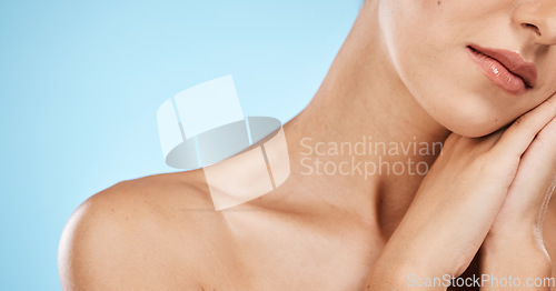 Image of Face, sleeping and beauty skincare of woman in studio isolated on a blue background. Resting, makeup and cosmetics of female model with healthy, glowing and flawless skin after spa facial treatment.