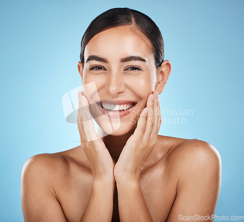 Image of Portrait, face and beauty skincare of woman in studio isolated on a blue background. Aesthetics, makeup or cosmetics of female model with healthy, glowing and flawless skin after spa facial treatment