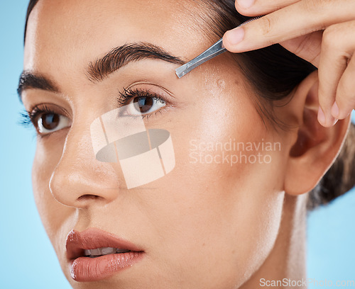 Image of Hair removal, tweezer and woman doing her eyebrows in studio for beauty, facial and grooming routine. Cosmetics, depilation and female model plucking face hair with cosmetic tool by blue background.