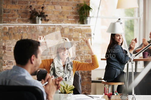 Image of Wow, success and woman in happy celebration at work after sales, goals or reaching target in an office. Job promotion, winner or excited employee with arms in the air to celebrate winning a deal