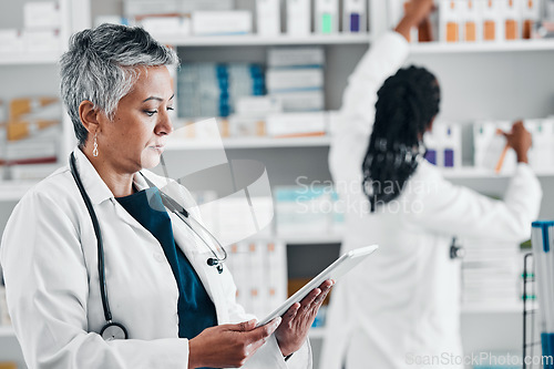 Image of Pharmacy, inventory and senior woman on digital tablet for checklist, pills and orders. Pharmacist, colleagues and ladies online, internet and search while doing stock at a clinic dispensary together