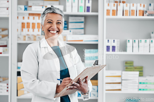 Image of Elderly woman, pharmacist portrait smile and store data of pills stock, insurance or medical documents. Healthcare, doctor and senior female wellness consultant with happiness about pharmacy