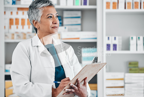 Image of Senior woman thinking, pharmacist and paper data of insurance or medical documents. Healthcare, doctor and elderly wellness consultant with clipboard and pills document about pharmacy retail stock