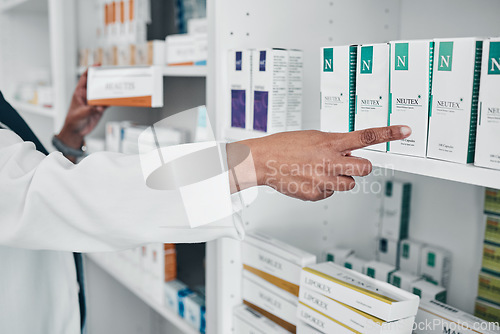 Image of Pharmacy, pills ad medicine with hands of black woman in store for healthcare, wellness or retail. Product, shopping and medical with pharmacist at drugs outlet for shopping, supplements or inventory