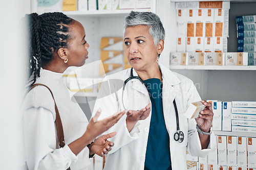 Image of Pharmacy help, medicine doctor and woman with customer service, product advice or expert opinion in shop. Pharmaceutical, drugs and senior pharmacist, seller or medical worker with healthcare choice