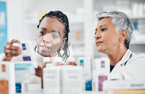 Image of Pharmacy, medicine and choice by women discussing label, information and questions with pharmacist. Drugstore, service and customer asking senior health expert woman advice, help and instructions