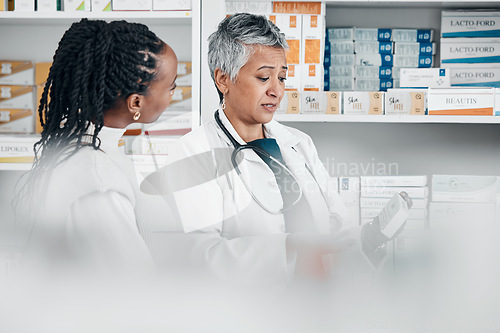 Image of Service, pharmacy and black woman with pharmacist for advice, help of treatment or medicine choice. Customer, senior doctor and discussion for pharmaceutical information, questions or drugstore pills