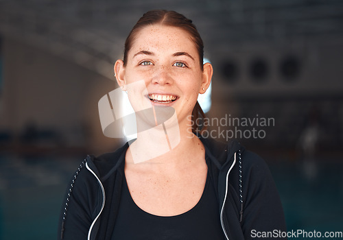 Image of Woman, smile in portrait with fitness and athlete, motivation and success with positive mindset for sports training. Happy person, exercise and mockup space with face and health, wellness and active