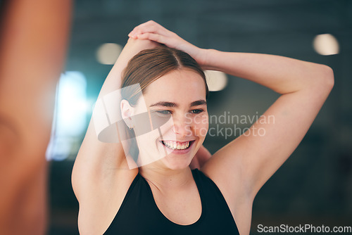 Image of Woman stretching, exercise and swimmer arm, athlete smile and start body training for sports. Exercise, health and wellness in active lifestyle, happiness and competitive sport with workout