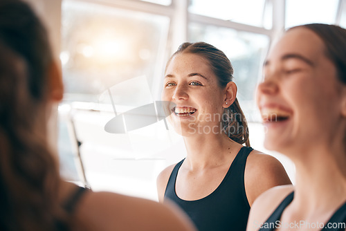 Image of Happy, smile and girl with team for sports, training and exercise in morning for water polo. Fitness, teamwork and group of female athletes talking, laughing and in conversation together at practice