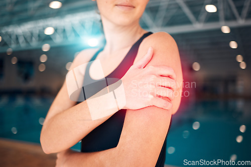 Image of Fitness, woman and shoulder pain after training, workout and inflammation with torn muscle, sports accident or painful. Exercise, female athlete or lady with arm injury, practice or medical emergency