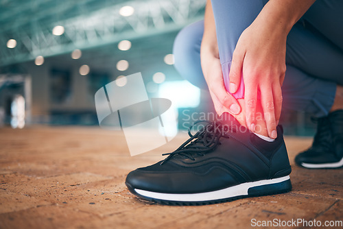 Image of Joint pain, injury and woman athlete foot zoom with red overlay, sports accident and fitness in running shoes. Inflammation, medical emergency and stress on muscle, exercise mistake and injured ankle