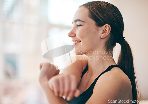 Image of Stretching arms, happy and woman ready for fitness, training and exercise for morning energy. Freedom, gym and girl smiling for a warm up before a workout, sports or thinking of motivation for cardio