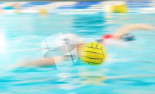 Image of Water polo, speed and athlete in swimming pool training, exercise and fitness game in motion blurred background. Fast professional swimmer person with ball in competition, challenge stroke or action