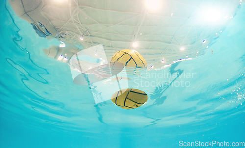 Image of Water polo, sport and ball in a pool from below with equipment floating on the surface during a competitive game. Fitness, training and exercise while a still life object floats during a match