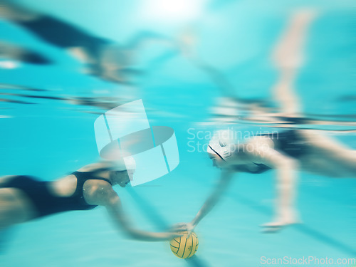 Image of Water polo, sports and women underwater for a ball during a competition, game or swimming. Teamwork, action and blurred athlete team playing a professional match in a pool for a championship