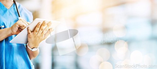 Image of Woman, doctor and tablet on banner, mockup space and bokeh background. Hands of healthcare worker, digital technology and planning medical innovation, telehealth app and online consulting management