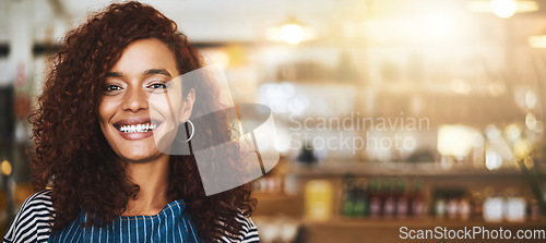 Image of Portrait, business owner and black woman with startup cafe, retail management vision and restaurant sale happiness. Young entrepreneur, barista or waitress with smile for career in service excellence