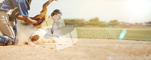 Image of Banner, running and man playing baseball for fitness, training and competition in a park in USA. Runner, sports and player with cardio, exercise and game of action sport for a team in nature