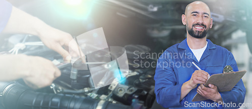 Image of Banner, engine and portrait of a mechanic with notes for auto service, car building and maintenance. Happy, smile and engineer writing paperwork for transportation repairs at a garage workshop