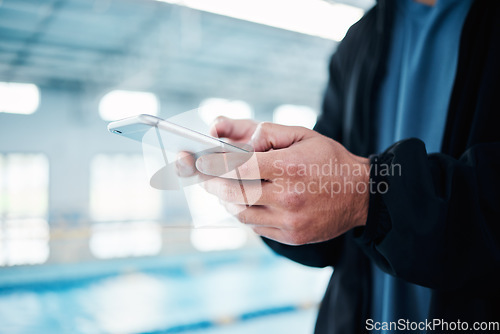 Image of Hands, man and smartphone for texting by swimming pool for communication, social media or contact on web. Aquatic sports athlete, phone and typing on screen with mobile app, website and internet chat