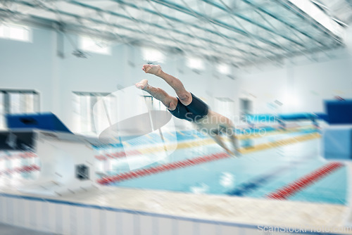 Image of Swimming, action and man diving in pool for training, exercise and workout for competition at gym. Fitness, sports and motion blur of professional male athlete for dive, jumping and triathlon race