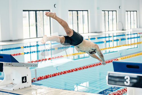 Image of Sports, swimming pool and man diving in water for training, exercise and workout for competition. Fitness, wellness and professional male athlete in action for dive, jump and race from diving board