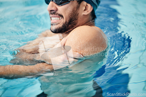 Image of Man in swimming pool, athlete with injury and shoulder pain, fitness with sport accident and muscle ache during workout. Water sports, stroke mistake and swimmer, exercise and problem with arm