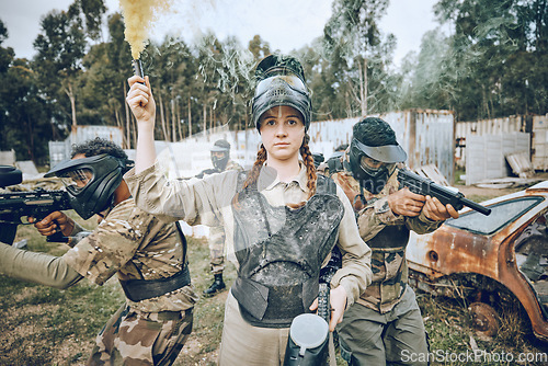 Image of Start, battle and girl with smoke during paintball, military training and army game in Spain. War, alert and woman playing with gear and equipment during a competition, sports and action on a field