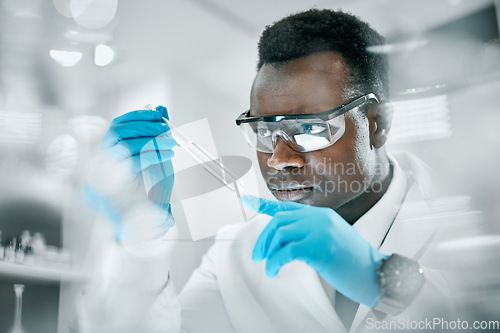 Image of Doctor, test tube or black man in science laboratory on DNA research, medical and medicine data analysis. Covid, healthcare doctor or nurse for health, cancer innovation or virus test study in clinic