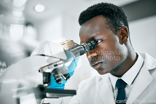 Image of Doctor, microscope or black man in science laboratory for DNA research, medical and medicine data analysis. Happy, healthcare teamwork or nurse for healthcare, cancer innovation or virus test study