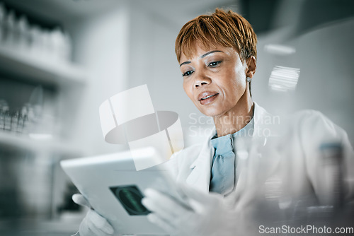 Image of Science, laboratory and black woman with tablet for research, medical analysis and experiment results. Medicine, healthcare and scientist with digital tech for data analysis, lab study and innovation