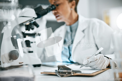 Image of Writing checklist, microscope or science woman or doctor data analysis, medical innovation or healthcare research. Scientist, futuristic or female nurse notes for medicine, DNA or vaccine data exam