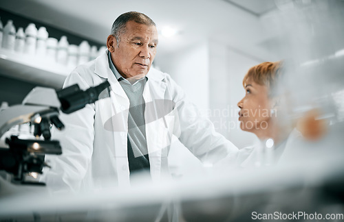 Image of Doctors, covid or scientist people in science laboratory for DNA research, medical or medicine data analysis. Elderly healthcare teamwork or nurse for health, cancer innovation or virus test study