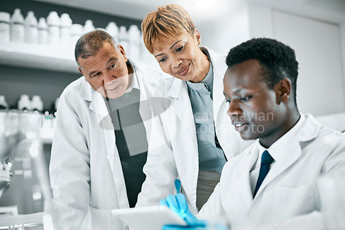 Image of Doctor, research or scientist people with tablet in science lab for DNA search, medical or medicine data analysis. Happy, health teamwork or nurse on healthcare, cancer innovation or virus test study