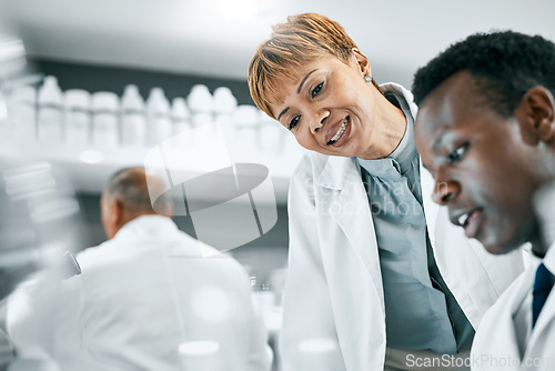 Image of Doctor, collaboration or scientist people in science lab for DNA research, medical and medicine data analysis. Thinking, healthcare teamwork or nurse for health, cancer innovation or virus test study
