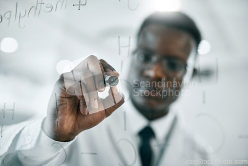 Image of Science research, planning and black man scientist writing on glass board, strategy working in lab for future technology and innovation. Lab worker, doctor and employee thinking of futuristic idea